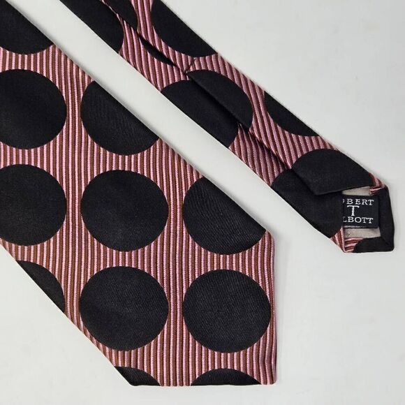 ROBERT TALBOTT BEST OF CLASS SILK TIE PINK BLACK POLKA DOT STRIPE SATIN 4" X 59" - Picture 1 of 2